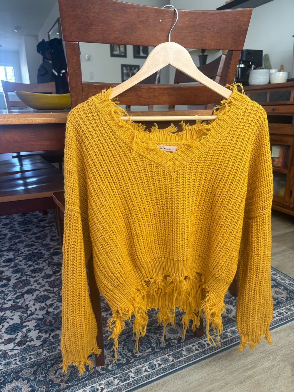 Love Tree Mustard Frayed Hem Scoop Neck Chunky Knit Sweater